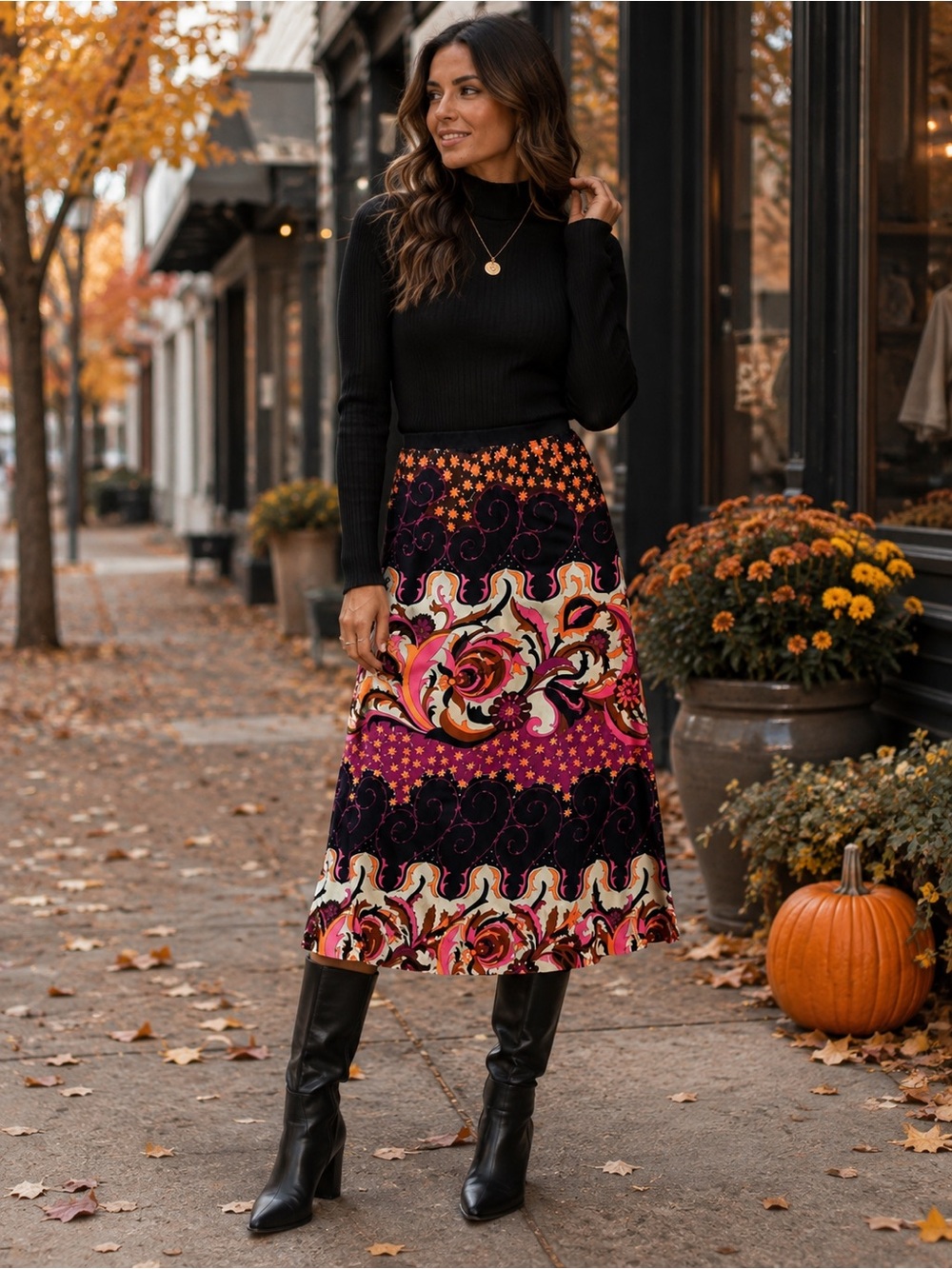 Vintage 70s Pink & Black Floral Maxi Skirt